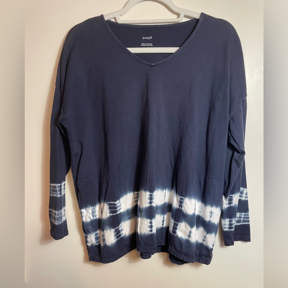 Pure Jill Tie-Dyed Navy and White V-Neck Long Sleeve Tee in SP